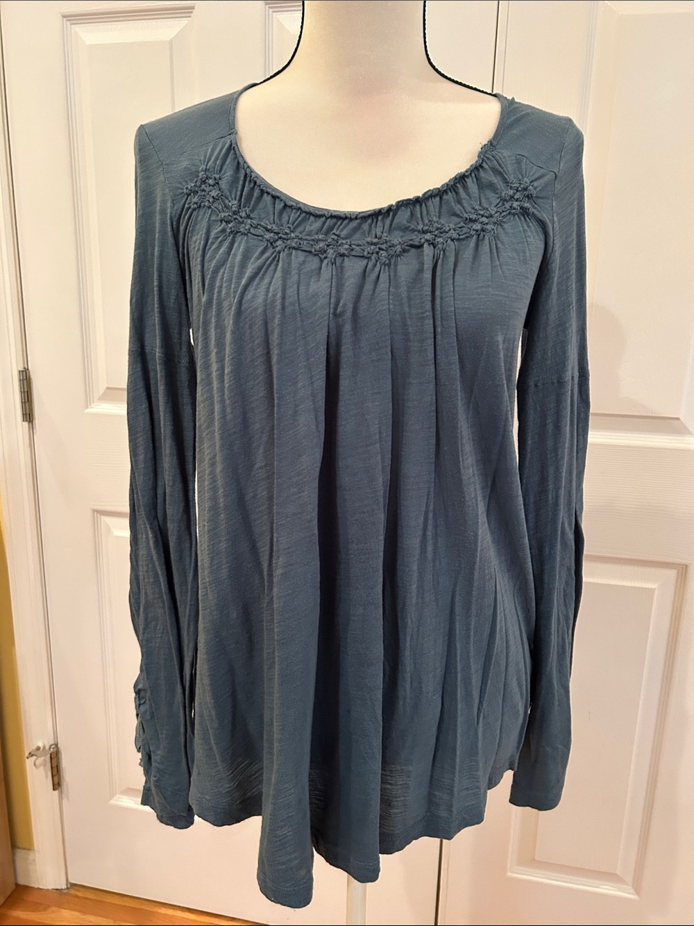 Free People Slate-Blue Long Sleeve Smocked Peasant Top